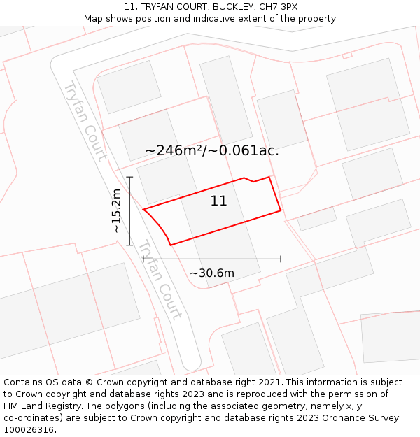 11, TRYFAN COURT, BUCKLEY, CH7 3PX: Plot and title map