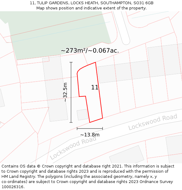 11, TULIP GARDENS, LOCKS HEATH, SOUTHAMPTON, SO31 6GB: Plot and title map