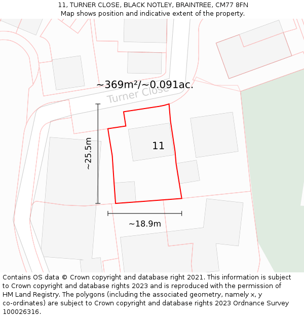 11, TURNER CLOSE, BLACK NOTLEY, BRAINTREE, CM77 8FN: Plot and title map