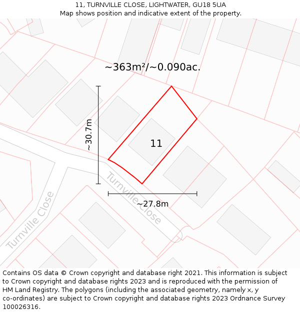 11, TURNVILLE CLOSE, LIGHTWATER, GU18 5UA: Plot and title map