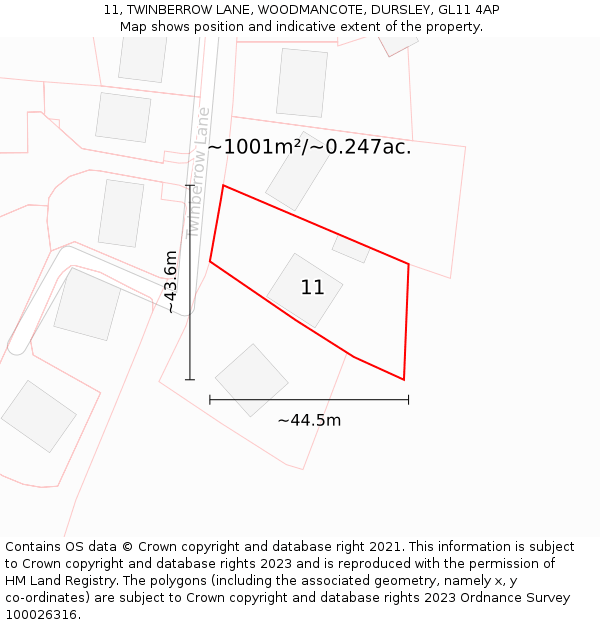 11, TWINBERROW LANE, WOODMANCOTE, DURSLEY, GL11 4AP: Plot and title map