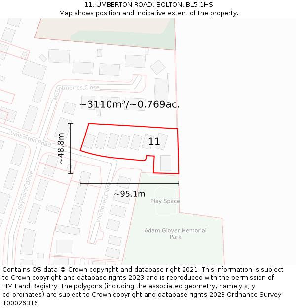 11, UMBERTON ROAD, BOLTON, BL5 1HS: Plot and title map