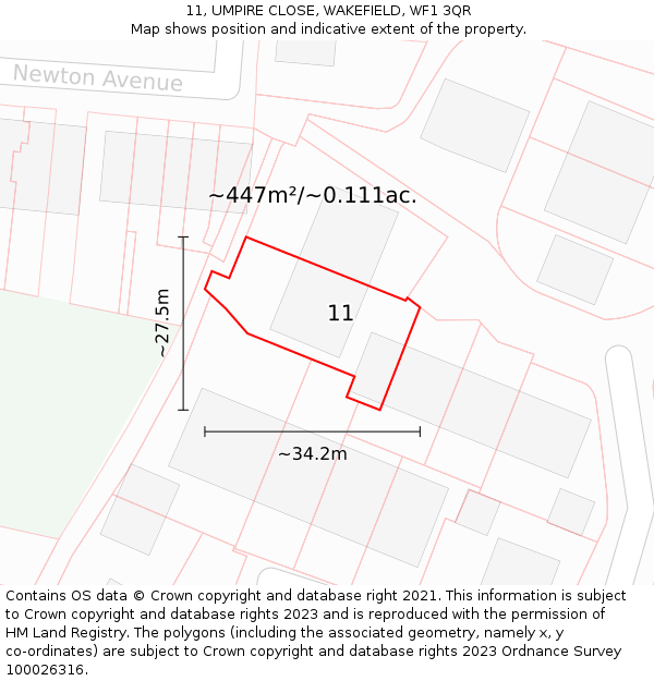 11, UMPIRE CLOSE, WAKEFIELD, WF1 3QR: Plot and title map