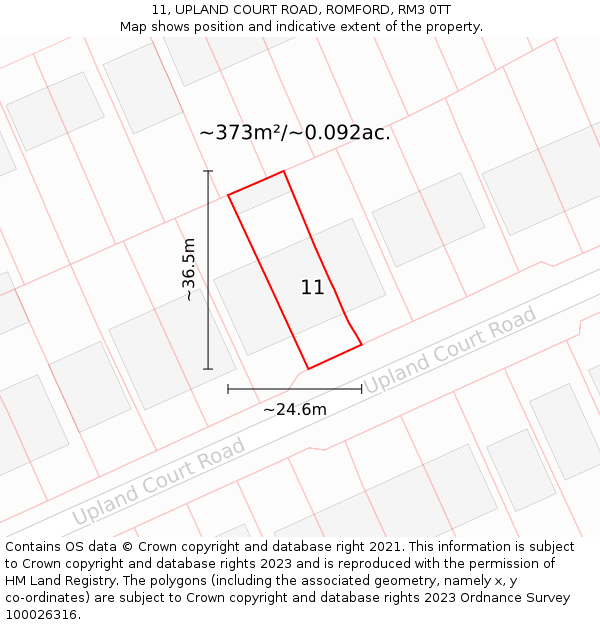 11, UPLAND COURT ROAD, ROMFORD, RM3 0TT: Plot and title map