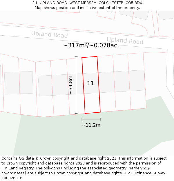 11, UPLAND ROAD, WEST MERSEA, COLCHESTER, CO5 8DX: Plot and title map