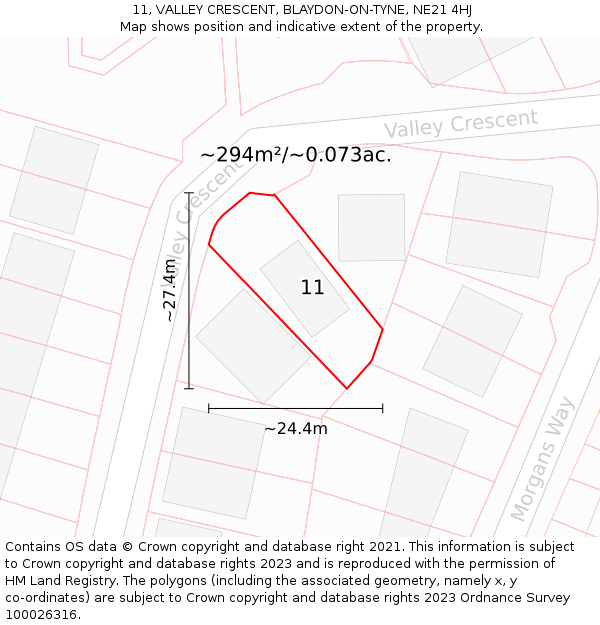 11, VALLEY CRESCENT, BLAYDON-ON-TYNE, NE21 4HJ: Plot and title map