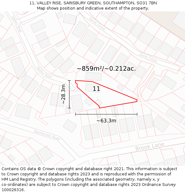 11, VALLEY RISE, SARISBURY GREEN, SOUTHAMPTON, SO31 7BN: Plot and title map