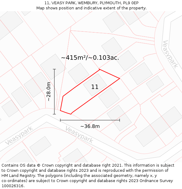 11, VEASY PARK, WEMBURY, PLYMOUTH, PL9 0EP: Plot and title map