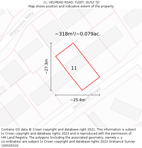 11, VELMEAD ROAD, FLEET, GU52 7JY: Plot and title map