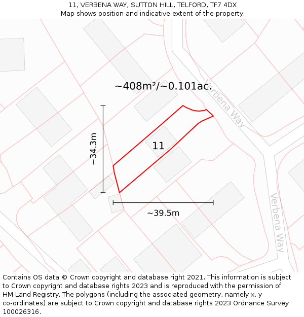 11, VERBENA WAY, SUTTON HILL, TELFORD, TF7 4DX: Plot and title map