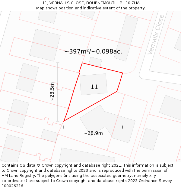 11, VERNALLS CLOSE, BOURNEMOUTH, BH10 7HA: Plot and title map