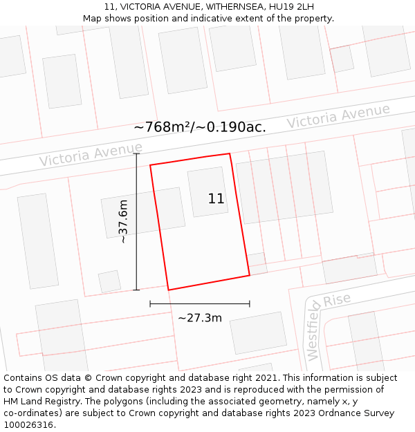 11, VICTORIA AVENUE, WITHERNSEA, HU19 2LH: Plot and title map