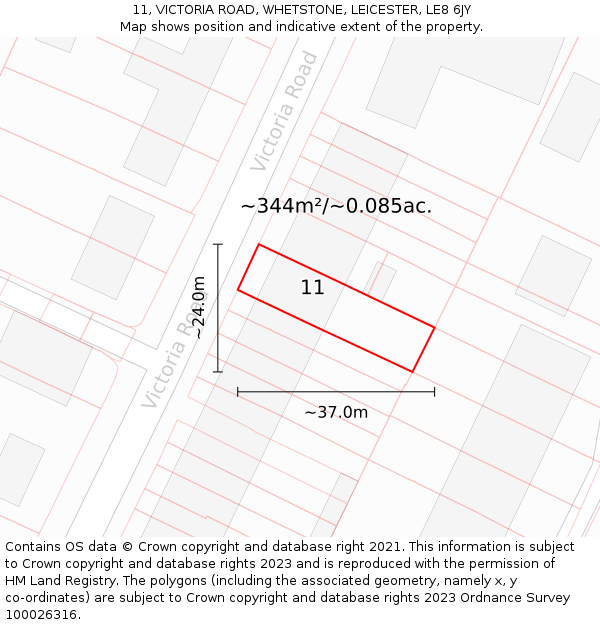 11, VICTORIA ROAD, WHETSTONE, LEICESTER, LE8 6JY: Plot and title map