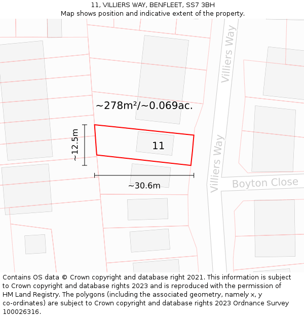 11, VILLIERS WAY, BENFLEET, SS7 3BH: Plot and title map