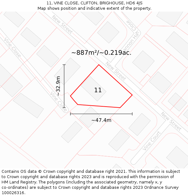 11, VINE CLOSE, CLIFTON, BRIGHOUSE, HD6 4JS: Plot and title map