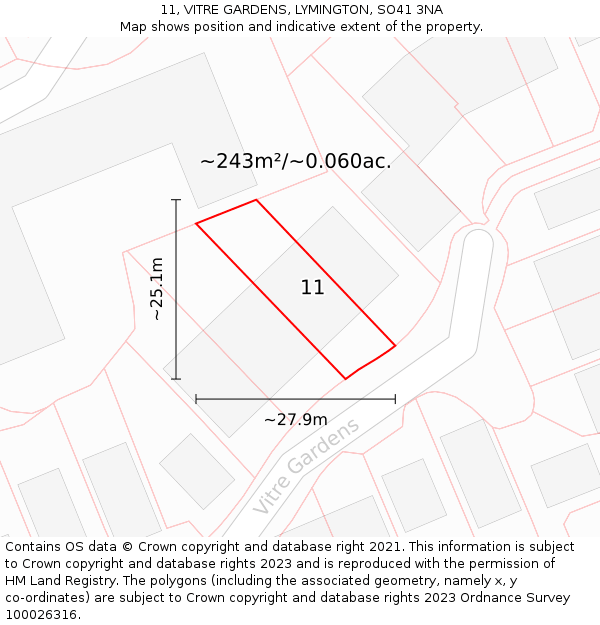 11, VITRE GARDENS, LYMINGTON, SO41 3NA: Plot and title map