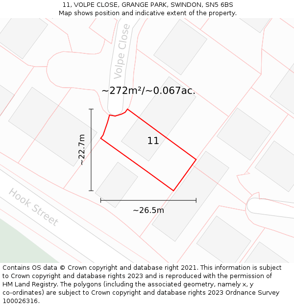 11, VOLPE CLOSE, GRANGE PARK, SWINDON, SN5 6BS: Plot and title map
