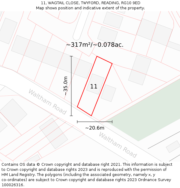11, WAGTAIL CLOSE, TWYFORD, READING, RG10 9ED: Plot and title map