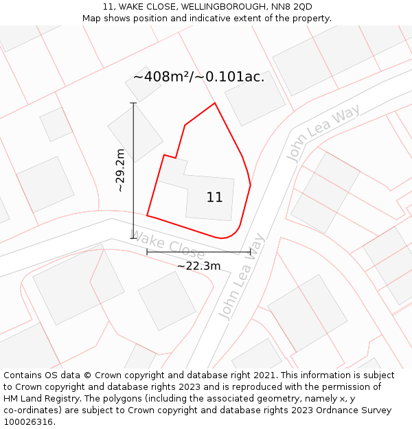 11, WAKE CLOSE, WELLINGBOROUGH, NN8 2QD: Plot and title map