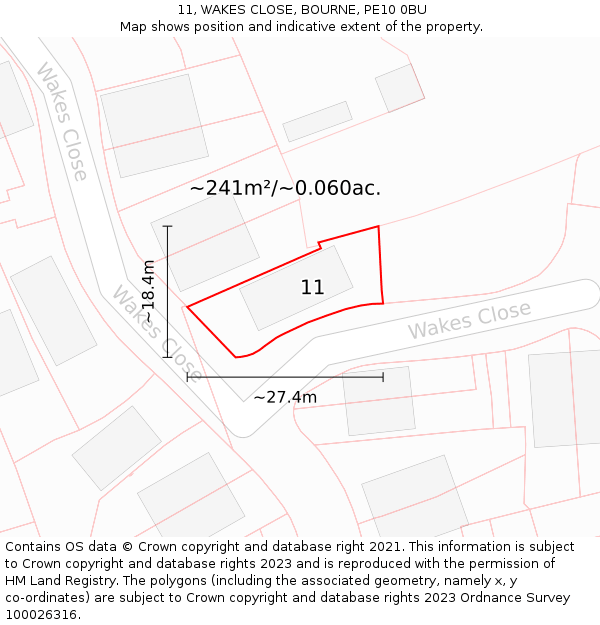 11, WAKES CLOSE, BOURNE, PE10 0BU: Plot and title map