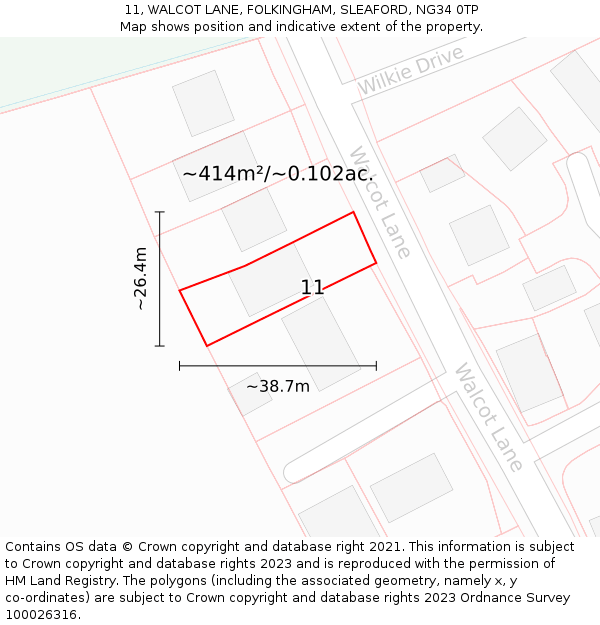 11, WALCOT LANE, FOLKINGHAM, SLEAFORD, NG34 0TP: Plot and title map