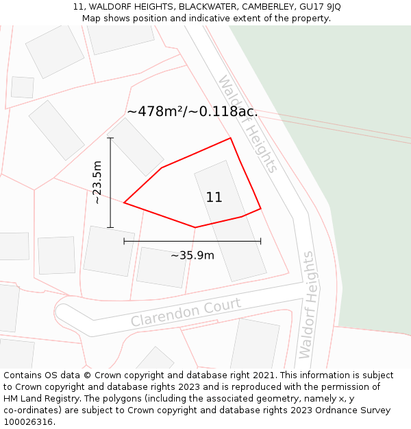 11, WALDORF HEIGHTS, BLACKWATER, CAMBERLEY, GU17 9JQ: Plot and title map