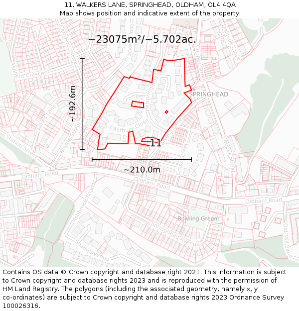 11, WALKERS LANE, SPRINGHEAD, OLDHAM, OL4 4QA: Plot and title map