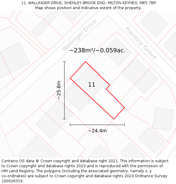 11, WALLINGER DRIVE, SHENLEY BROOK END, MILTON KEYNES, MK5 7BP: Plot and title map