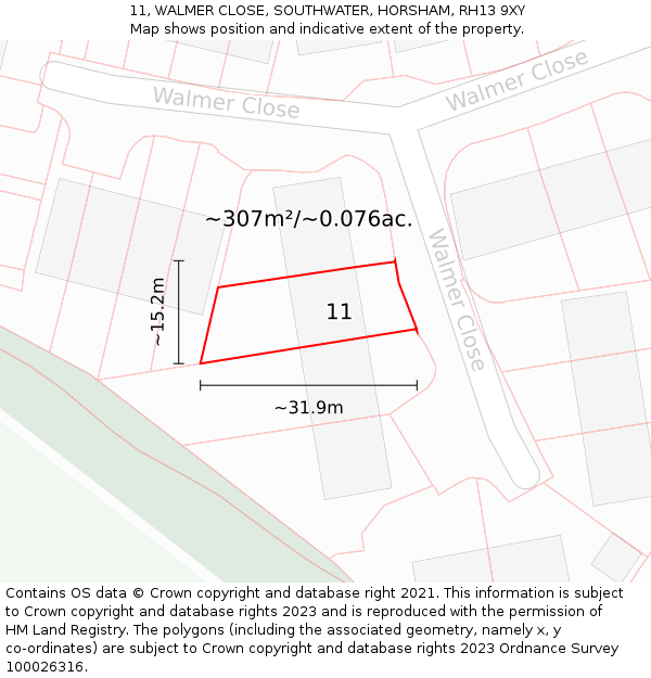 11, WALMER CLOSE, SOUTHWATER, HORSHAM, RH13 9XY: Plot and title map