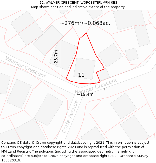 11, WALMER CRESCENT, WORCESTER, WR4 0ES: Plot and title map