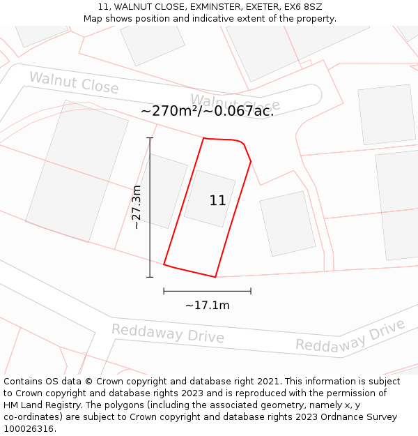 11, WALNUT CLOSE, EXMINSTER, EXETER, EX6 8SZ: Plot and title map