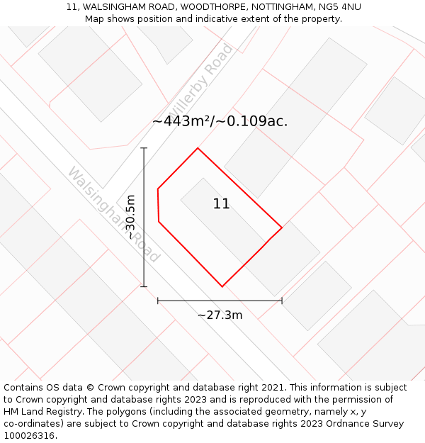 11, WALSINGHAM ROAD, WOODTHORPE, NOTTINGHAM, NG5 4NU: Plot and title map