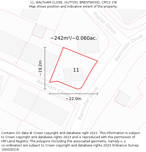 11, WALTHAM CLOSE, HUTTON, BRENTWOOD, CM13 1YE: Plot and title map