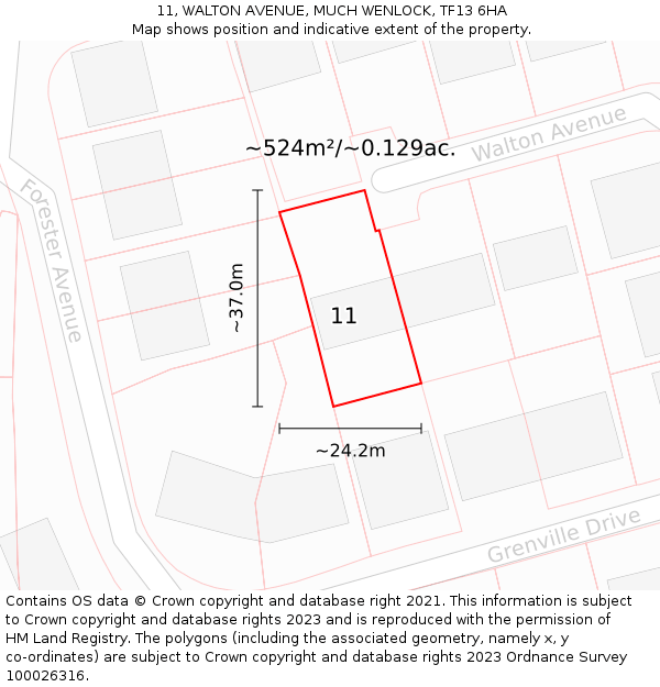 11, WALTON AVENUE, MUCH WENLOCK, TF13 6HA: Plot and title map