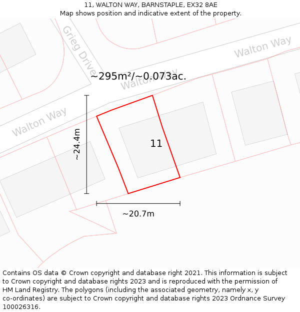 11, WALTON WAY, BARNSTAPLE, EX32 8AE: Plot and title map