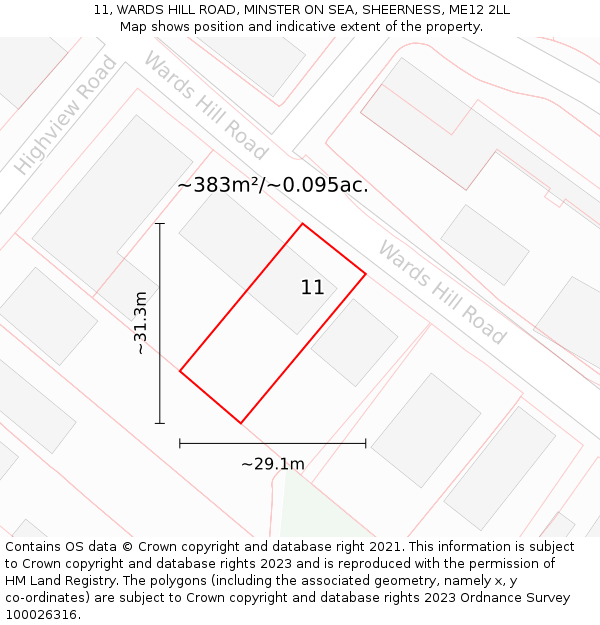 11, WARDS HILL ROAD, MINSTER ON SEA, SHEERNESS, ME12 2LL: Plot and title map