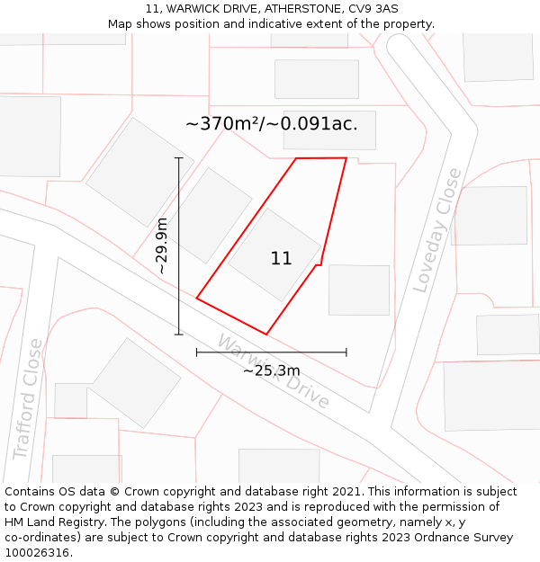 11, WARWICK DRIVE, ATHERSTONE, CV9 3AS: Plot and title map