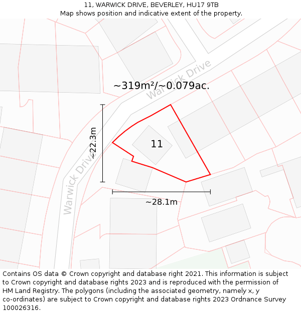 11, WARWICK DRIVE, BEVERLEY, HU17 9TB: Plot and title map