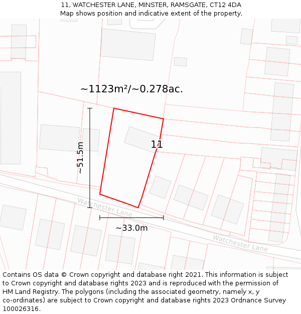 11, WATCHESTER LANE, MINSTER, RAMSGATE, CT12 4DA: Plot and title map