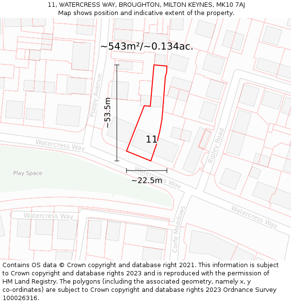 11, WATERCRESS WAY, BROUGHTON, MILTON KEYNES, MK10 7AJ: Plot and title map