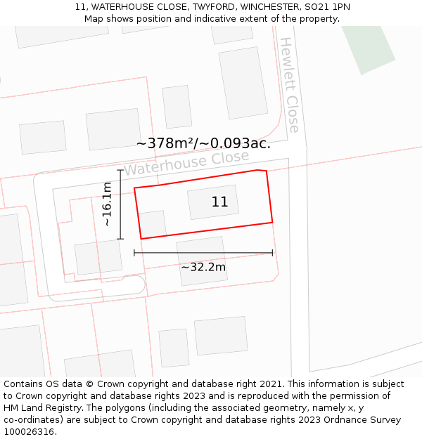 11, WATERHOUSE CLOSE, TWYFORD, WINCHESTER, SO21 1PN: Plot and title map