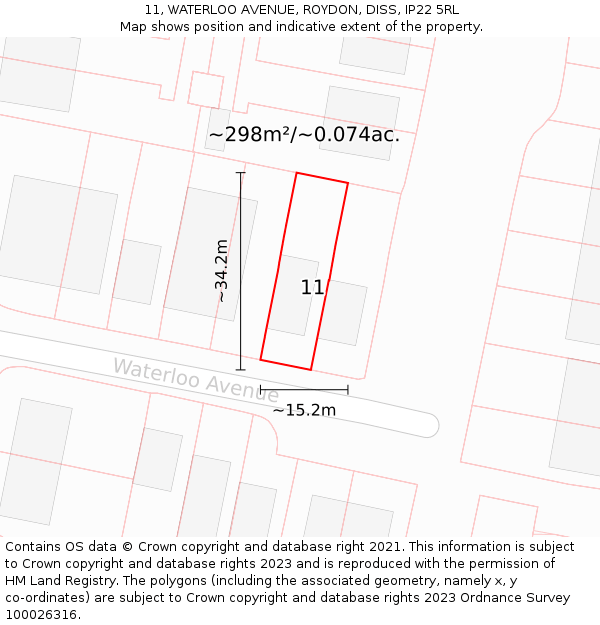 11, WATERLOO AVENUE, ROYDON, DISS, IP22 5RL: Plot and title map