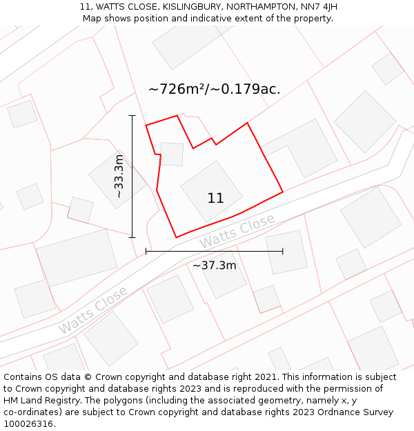 11, WATTS CLOSE, KISLINGBURY, NORTHAMPTON, NN7 4JH: Plot and title map