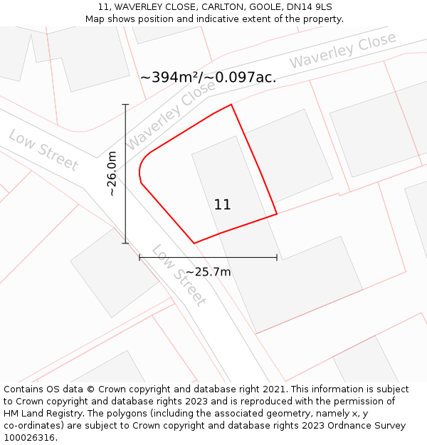 11, WAVERLEY CLOSE, CARLTON, GOOLE, DN14 9LS: Plot and title map