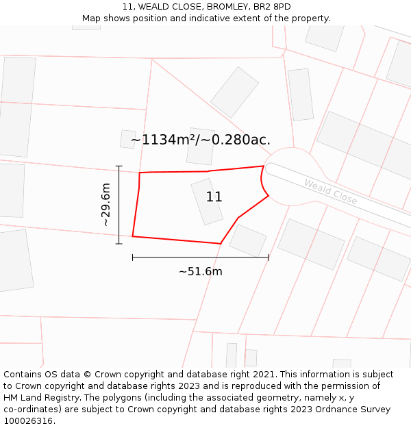 11, WEALD CLOSE, BROMLEY, BR2 8PD: Plot and title map