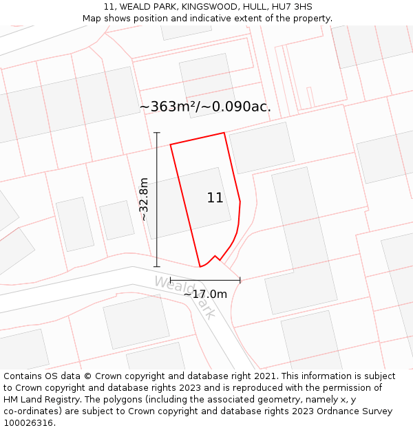 11, WEALD PARK, KINGSWOOD, HULL, HU7 3HS: Plot and title map
