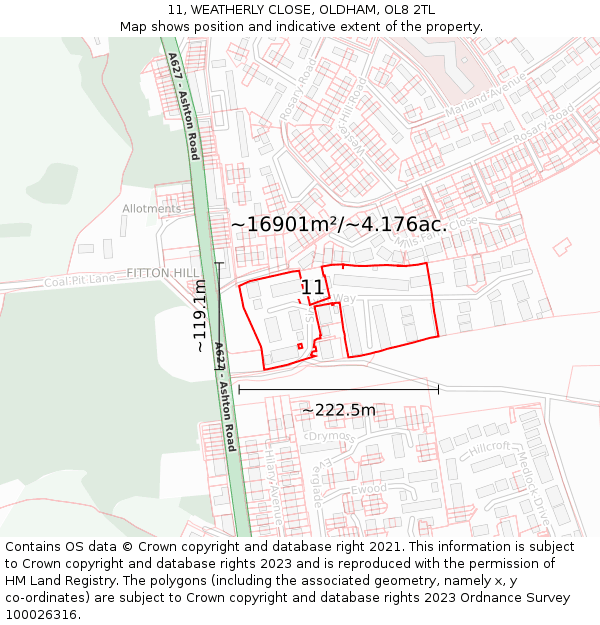 11, WEATHERLY CLOSE, OLDHAM, OL8 2TL: Plot and title map