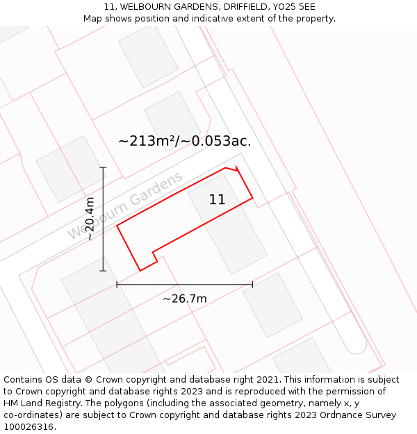 11, WELBOURN GARDENS, DRIFFIELD, YO25 5EE: Plot and title map