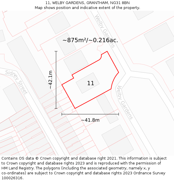 11, WELBY GARDENS, GRANTHAM, NG31 8BN: Plot and title map