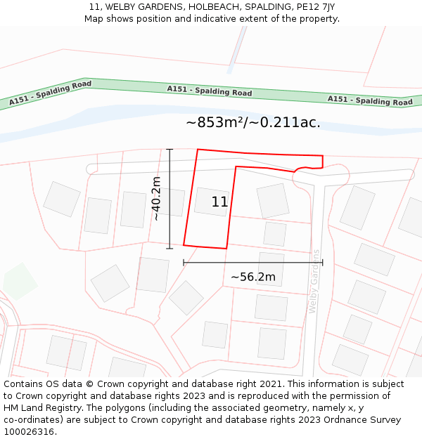 11, WELBY GARDENS, HOLBEACH, SPALDING, PE12 7JY: Plot and title map